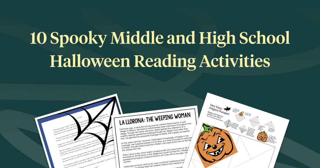 10 Spooky Middle and High School Halloween Reading Activities blog title shown with 3 resource pages against a dark green background.