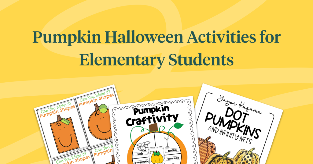 "Pumpkin Halloween Activities for Elementary Students" shown against stylized yellow background with 3 worksheets of pumpkin activities.